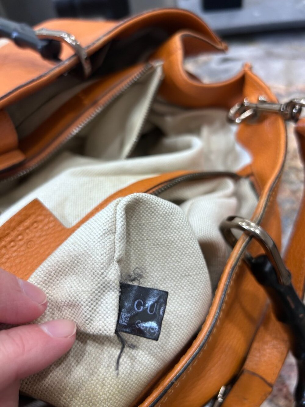 Tan Orange Pebbled Gucci Handbag with Bamboo Handles & Shoulder Strap – Preowned - Picture 7 of 16